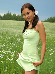 Very-Sexy.com presents: Marvelous nude babe with two pretty ponytails has a walk in the field of chamomiles and fondles her tender skin with them.